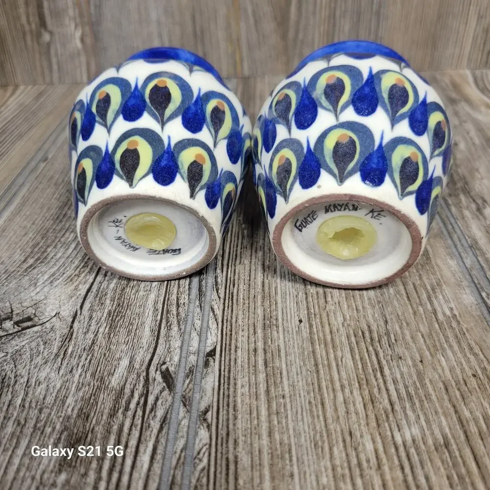Vintage Ken Edwards Guate Mayan Pottery Salt Pepper Shakers Peacock Blue Ceramic